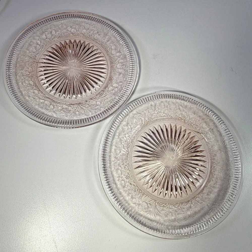 VTG U.S. Glass Strawberry Pink Depression Glass Bread & Butter Plates Set of 6